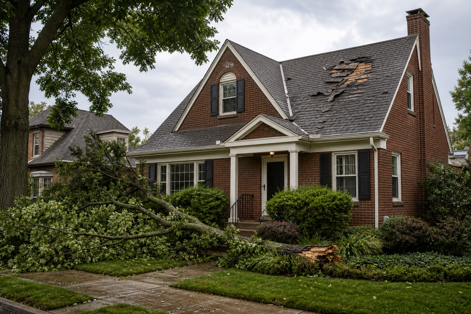 Storm-damaged brick home with missing roof shingles and a fallen tree limb