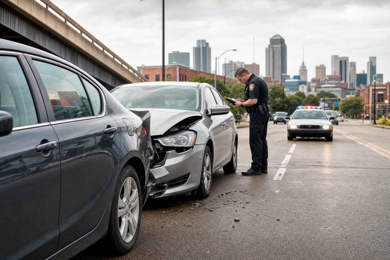 Police officer documenting a two-car collision on a Cincinnati street